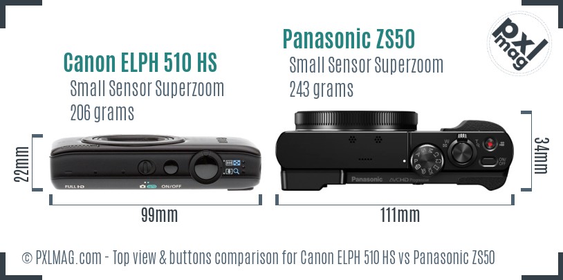 Canon ELPH 510 HS vs Panasonic ZS50 top view buttons comparison