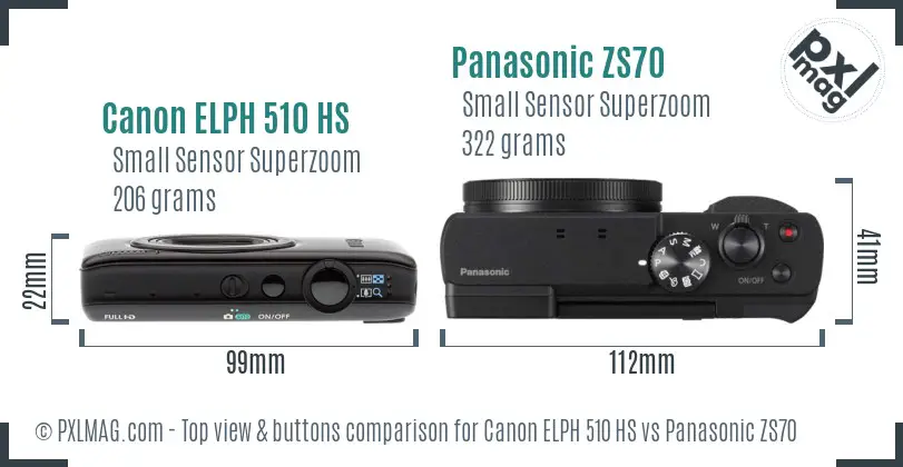 Canon ELPH 510 HS vs Panasonic ZS70 top view buttons comparison