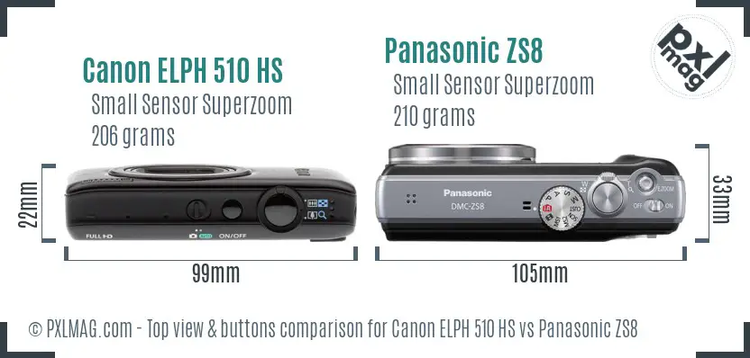 Canon ELPH 510 HS vs Panasonic ZS8 top view buttons comparison