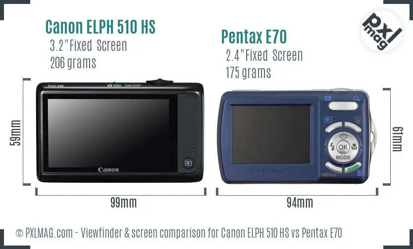 Canon ELPH 510 HS vs Pentax E70 Screen and Viewfinder comparison