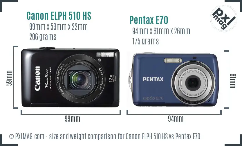 Canon ELPH 510 HS vs Pentax E70 size comparison