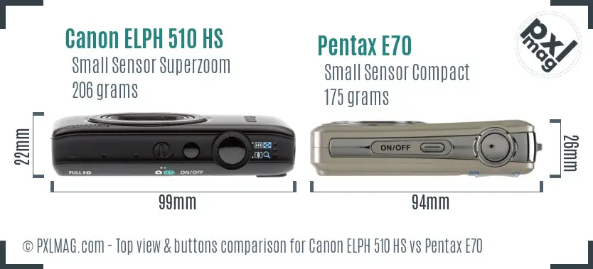 Canon ELPH 510 HS vs Pentax E70 top view buttons comparison