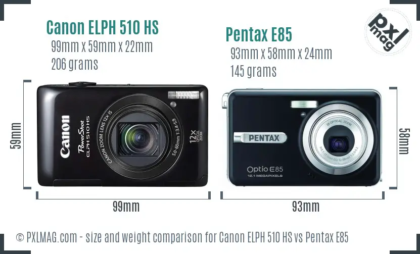 Canon ELPH 510 HS vs Pentax E85 size comparison