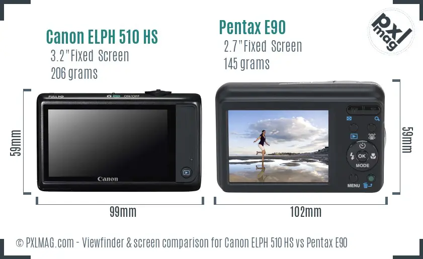 Canon ELPH 510 HS vs Pentax E90 Screen and Viewfinder comparison