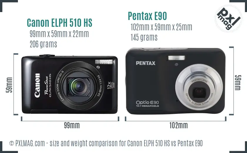 Canon ELPH 510 HS vs Pentax E90 size comparison