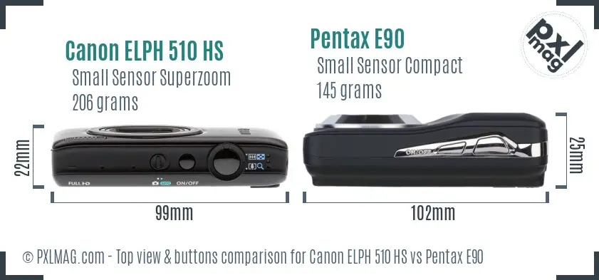 Canon ELPH 510 HS vs Pentax E90 top view buttons comparison