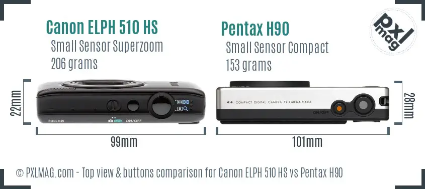 Canon ELPH 510 HS vs Pentax H90 top view buttons comparison