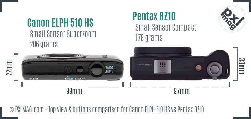 Canon ELPH 510 HS vs Pentax RZ10 top view buttons comparison Canon ELPH 510 HS vs Pentax RZ10 top view buttons comparison