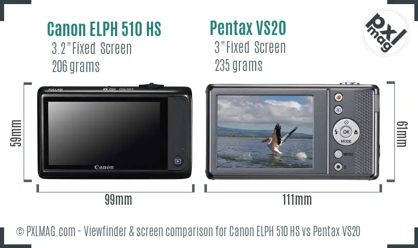 Canon ELPH 510 HS vs Pentax VS20 Screen and Viewfinder comparison