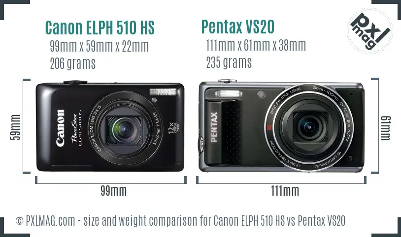 Canon ELPH 510 HS vs Pentax VS20 size comparison