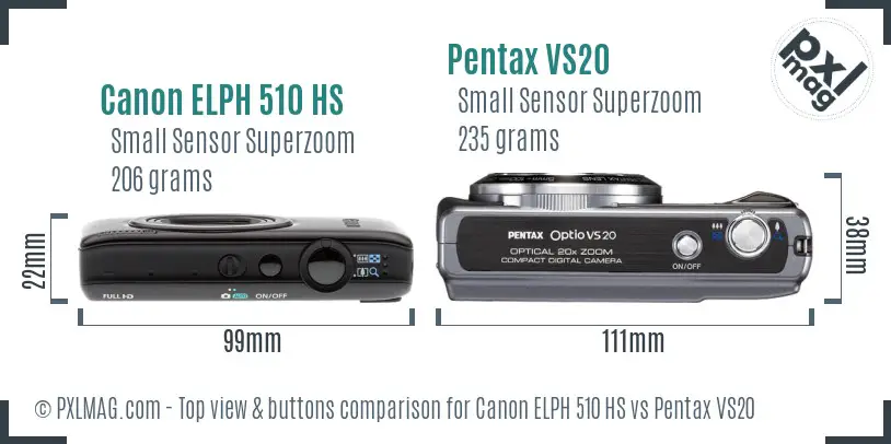 Canon ELPH 510 HS vs Pentax VS20 top view buttons comparison