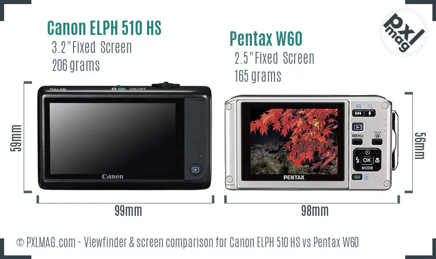 Canon ELPH 510 HS vs Pentax W60 Screen and Viewfinder comparison