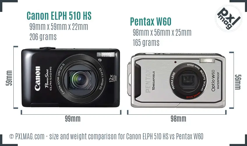 Canon ELPH 510 HS vs Pentax W60 size comparison