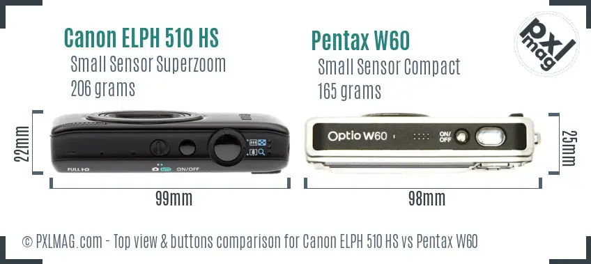 Canon ELPH 510 HS vs Pentax W60 top view buttons comparison