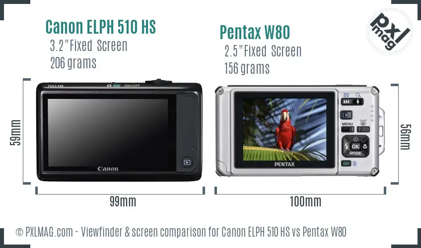 Canon ELPH 510 HS vs Pentax W80 Screen and Viewfinder comparison