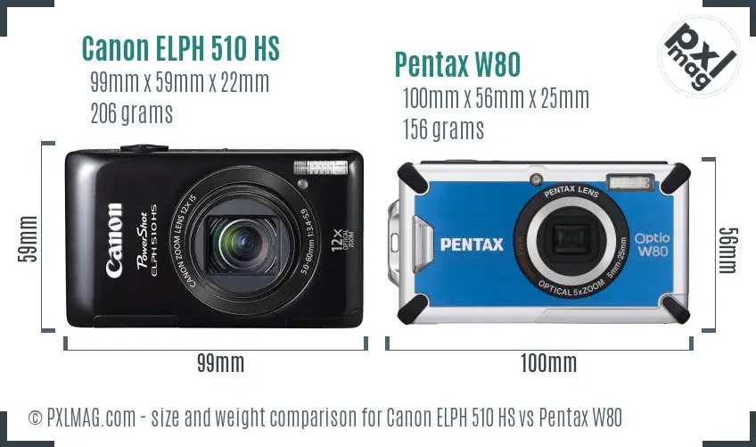 Canon ELPH 510 HS vs Pentax W80 size comparison