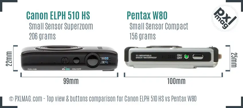 Canon ELPH 510 HS vs Pentax W80 top view buttons comparison