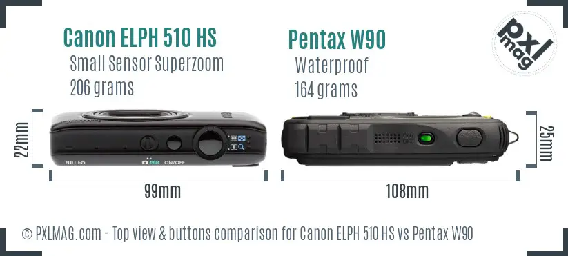 Canon ELPH 510 HS vs Pentax W90 top view buttons comparison