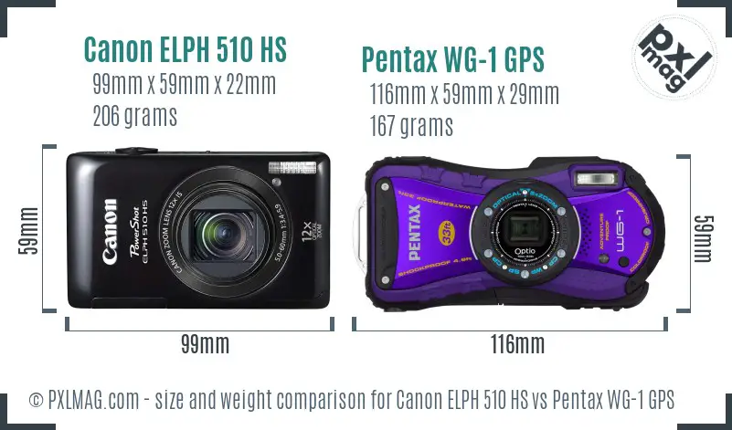 Canon ELPH 510 HS vs Pentax WG-1 GPS size comparison