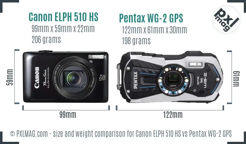 Canon ELPH 510 HS vs Pentax WG-2 GPS size comparison