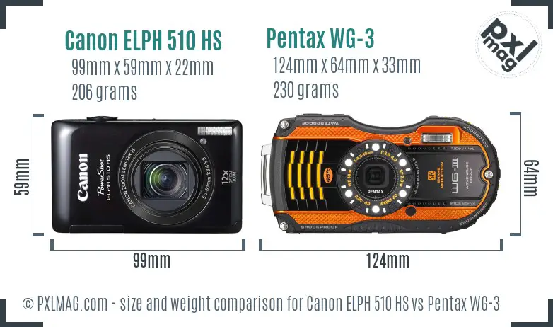 Canon ELPH 510 HS vs Pentax WG-3 size comparison Canon ELPH 510 HS vs Pentax WG-3 size comparison