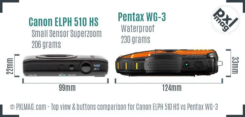 Canon ELPH 510 HS vs Pentax WG-3 top view buttons comparison