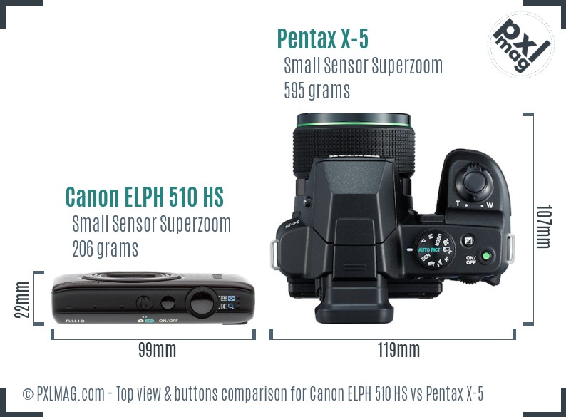 Canon ELPH 510 HS vs Pentax X-5 top view buttons comparison