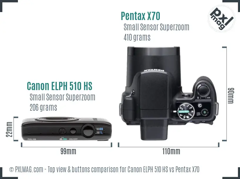 Canon ELPH 510 HS vs Pentax X70 top view buttons comparison