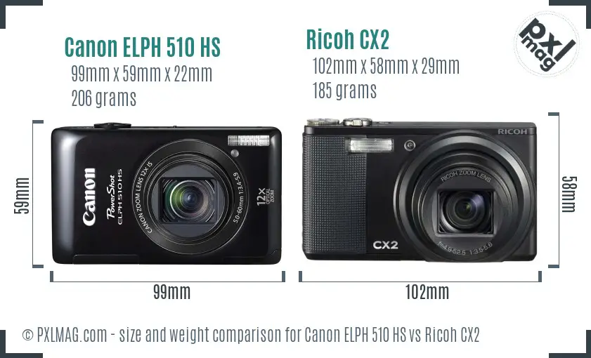 Canon ELPH 510 HS vs Ricoh CX2 size comparison Canon ELPH 510 HS vs Ricoh CX2 size comparison