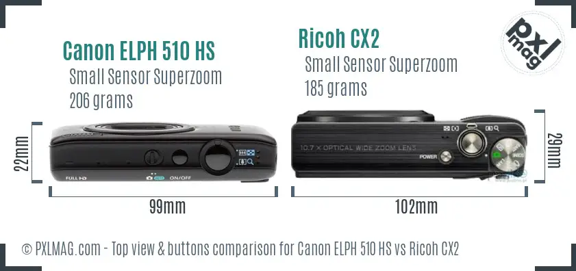 Canon ELPH 510 HS vs Ricoh CX2 top view buttons comparison Canon ELPH 510 HS vs Ricoh CX2 top view buttons comparison