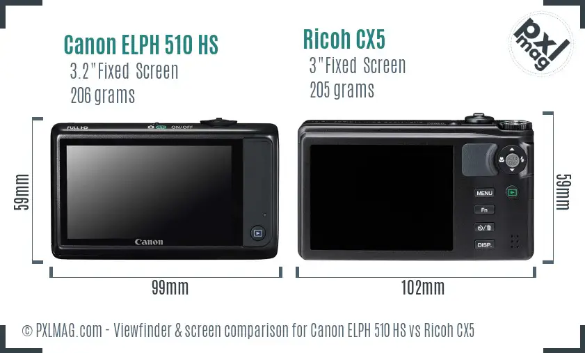 Canon ELPH 510 HS vs Ricoh CX5 Screen and Viewfinder comparison