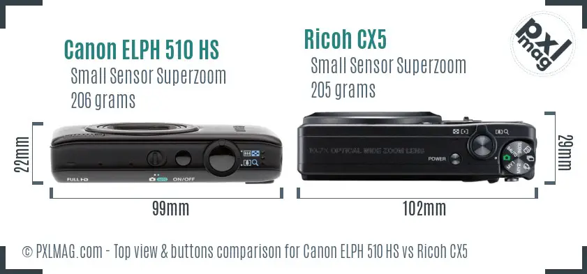 Canon ELPH 510 HS vs Ricoh CX5 top view buttons comparison