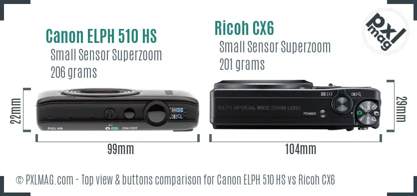 Canon ELPH 510 HS vs Ricoh CX6 top view buttons comparison