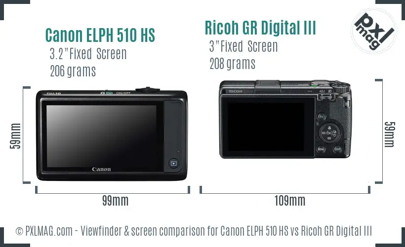 Canon ELPH 510 HS vs Ricoh GR Digital III Screen and Viewfinder comparison