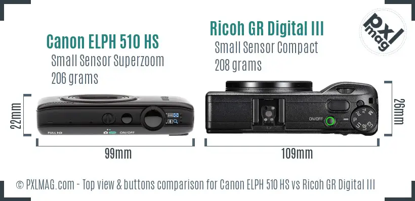 Canon ELPH 510 HS vs Ricoh GR Digital III top view buttons comparison