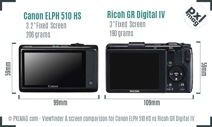 Canon ELPH 510 HS vs Ricoh GR Digital IV Screen and Viewfinder comparison