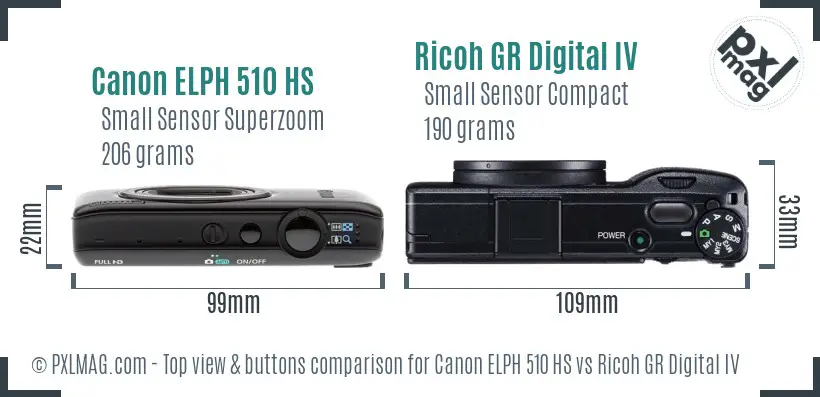 Canon ELPH 510 HS vs Ricoh GR Digital IV top view buttons comparison