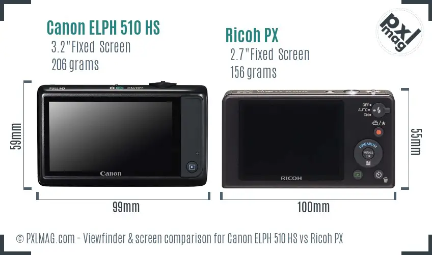 Canon ELPH 510 HS vs Ricoh PX Screen and Viewfinder comparison