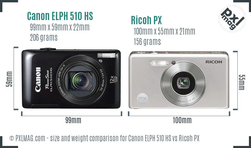 Canon ELPH 510 HS vs Ricoh PX size comparison