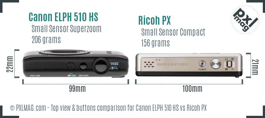 Canon ELPH 510 HS vs Ricoh PX top view buttons comparison