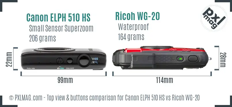 Canon ELPH 510 HS vs Ricoh WG-20 top view buttons comparison