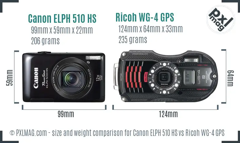 Canon ELPH 510 HS vs Ricoh WG-4 GPS size comparison Canon ELPH 510 HS vs Ricoh WG-4 GPS size comparison