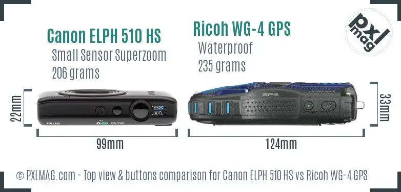Canon ELPH 510 HS vs Ricoh WG-4 GPS top view buttons comparison Canon ELPH 510 HS vs Ricoh WG-4 GPS top view buttons comparison