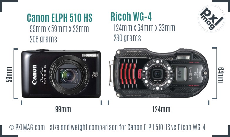 Canon ELPH 510 HS vs Ricoh WG-4 size comparison