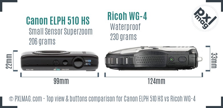 Canon ELPH 510 HS vs Ricoh WG-4 top view buttons comparison