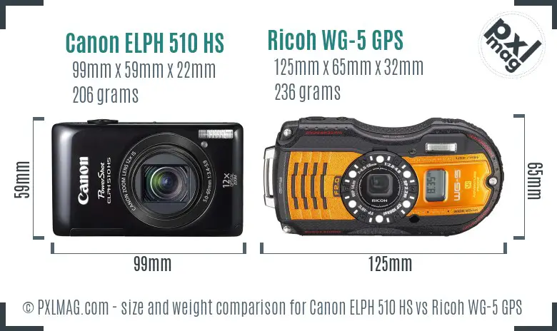 Canon ELPH 510 HS vs Ricoh WG-5 GPS size comparison