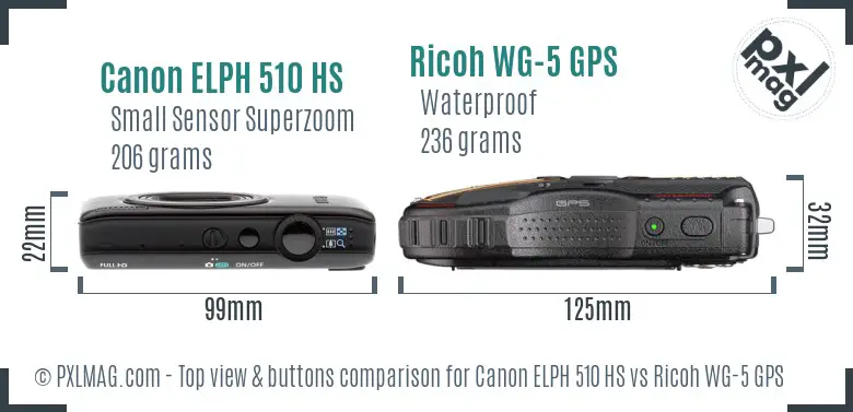 Canon ELPH 510 HS vs Ricoh WG-5 GPS top view buttons comparison