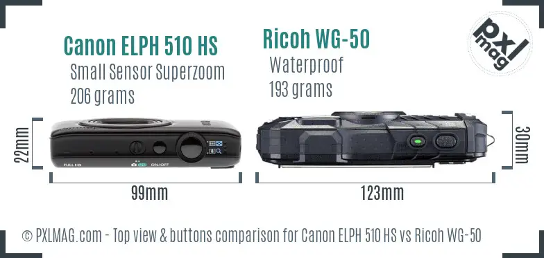 Canon ELPH 510 HS vs Ricoh WG-50 top view buttons comparison