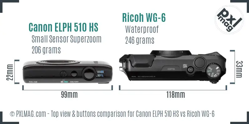 Canon ELPH 510 HS vs Ricoh WG-6 top view buttons comparison Canon ELPH 510 HS vs Ricoh WG-6 top view buttons comparison
