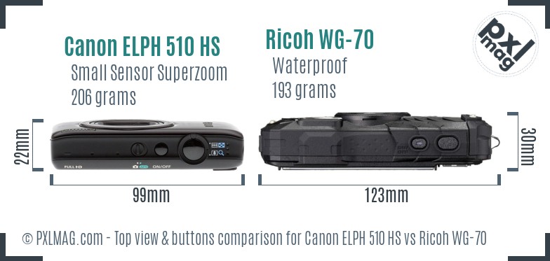 Canon ELPH 510 HS vs Ricoh WG-70 top view buttons comparison